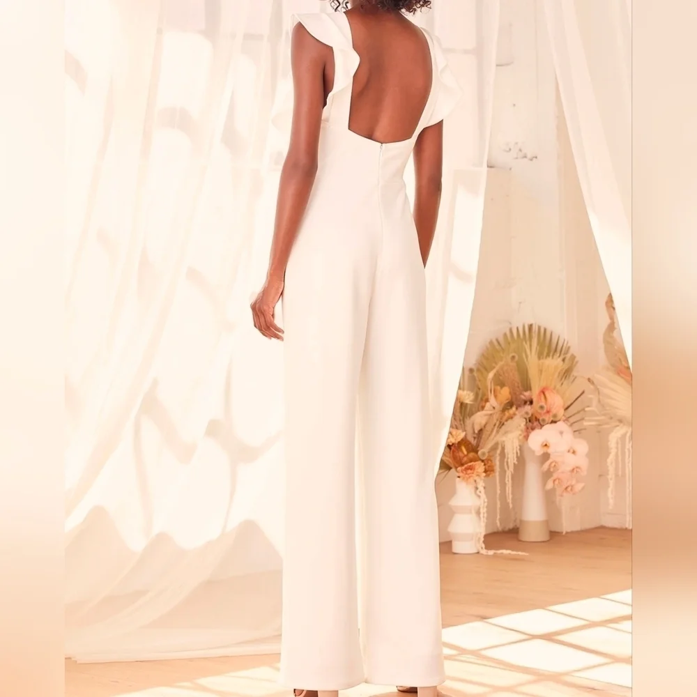 Lulus Feel Your Love White Ruffled Wide-Leg Jumpsuit, Size Medium
